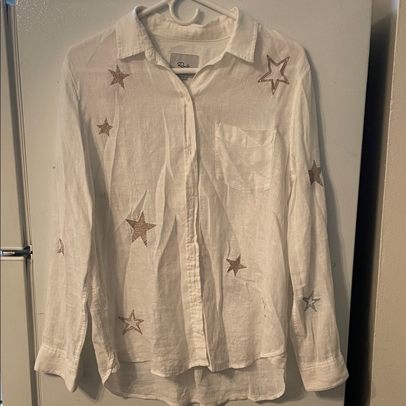 Rails Small Charli White Rose Gold Star Embroidered Shirt Linen Blend Button Up - Picture 2 of 9